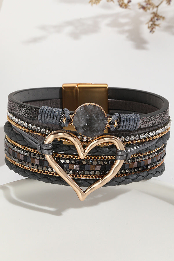 Pulsera Bohemia de Cordón de Piel con Piedra Bruta en Forma de Corazón