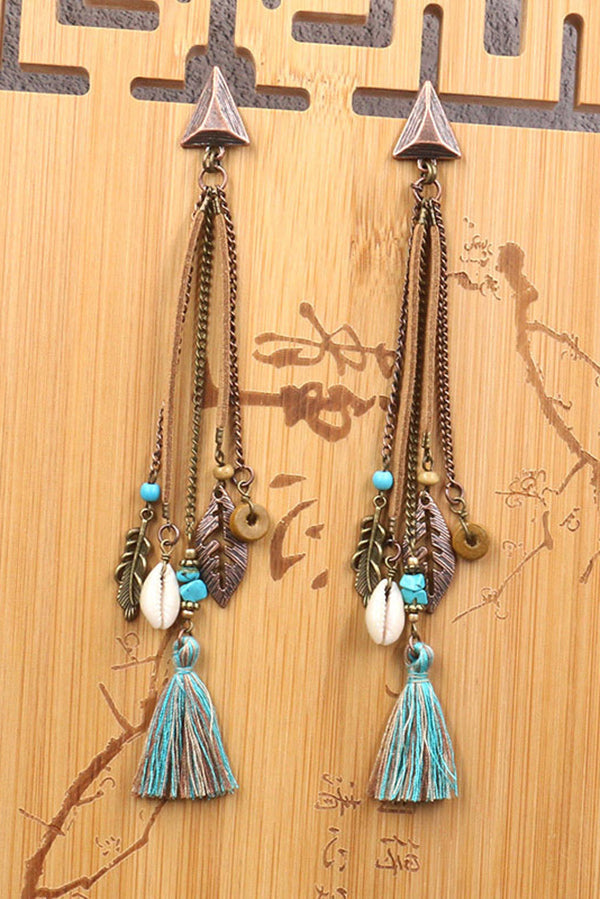 Pendientes Retro de Hoja y Concha con Borla Larga