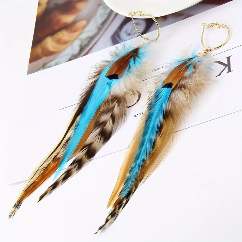 Pendientes Colgantes de Borlas de Plumas de Colores Boho Vintage