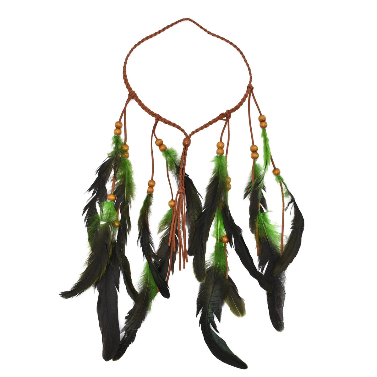 Diadema Bohemia de Cuerda Tejida a Mano con Cuentas de Madera y Plumas