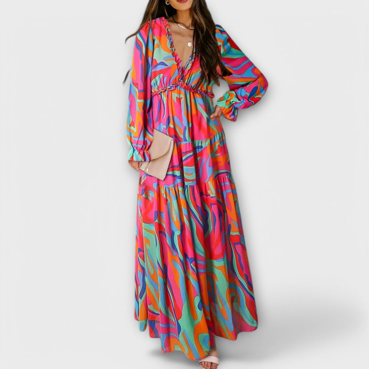 Aldona | Vestido Maxi Floral con Escote V y Tejido Plisado