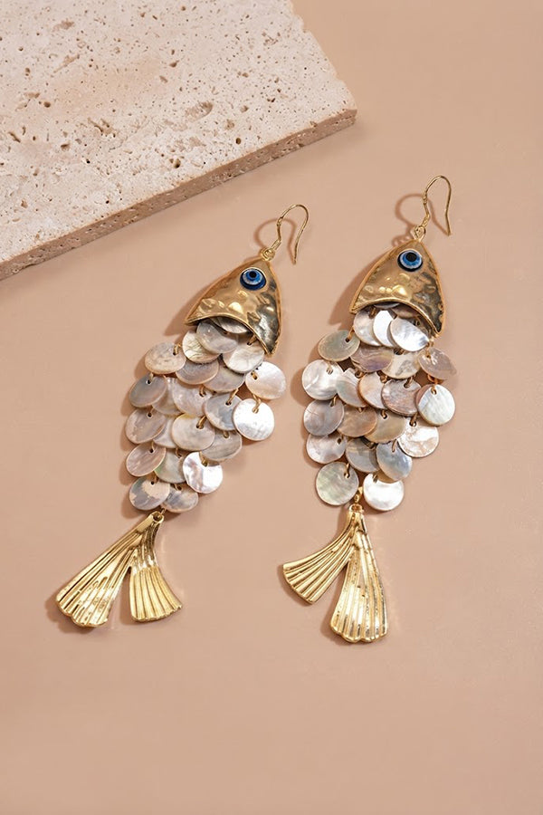 Pendientes de Gancho con Concha en Forma de Pez y Borlas