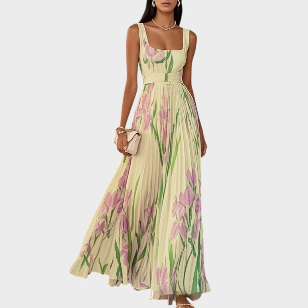 Luxe | Vestido largo plisado con escote cuadrado y flores de gasa - OSMARA Fashion - vista 2