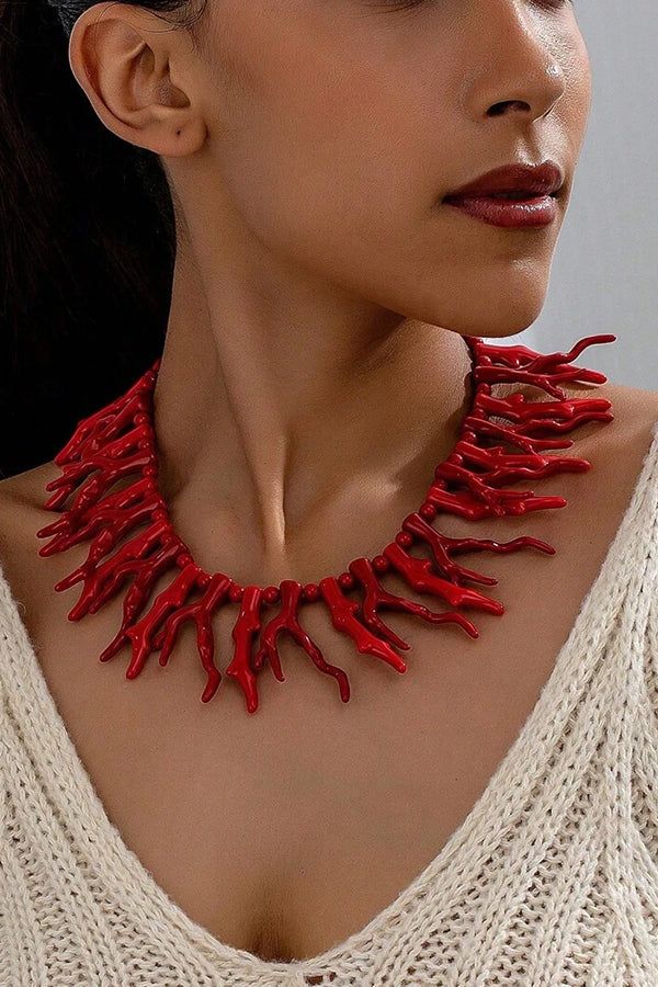 Set de Dos Piezas Collar de Coral Rojo Bohemio