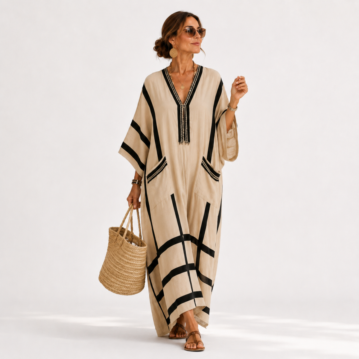 Caftán Salma Beige Rayas Negras - OSMARA Fashion
