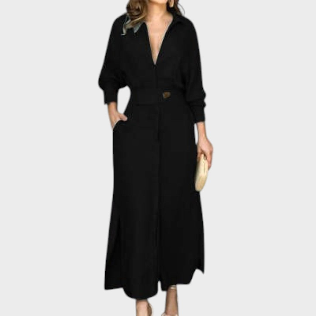 Jeanette | Long Linen Dress With V-Neck