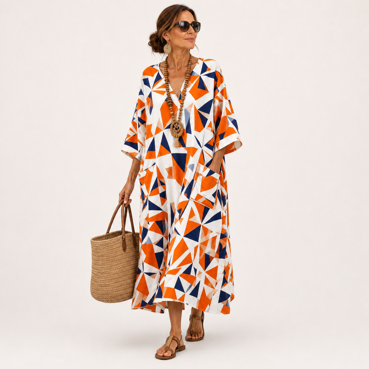 Caftán Layla Naranja Geométrico - OSMARA Fashion