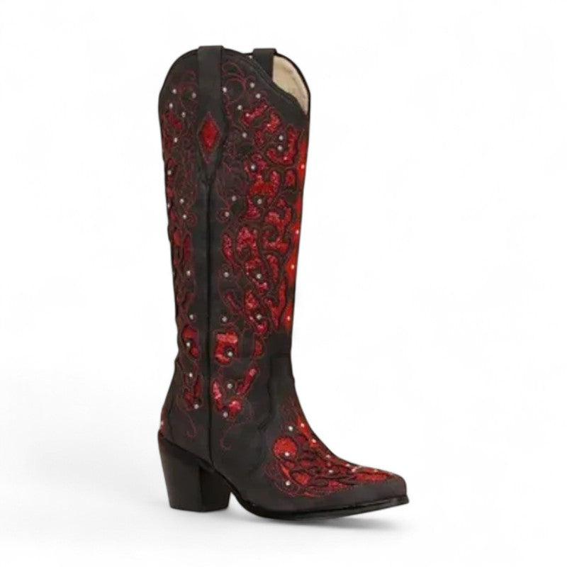 Gaby - Bota Campera Cowboy Retro con Cristales Brillantes para Mujer