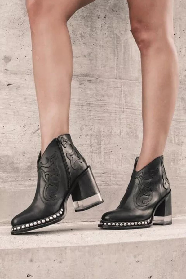 Botines de Tacón con Remaches Bordados y Cristal Acrílico