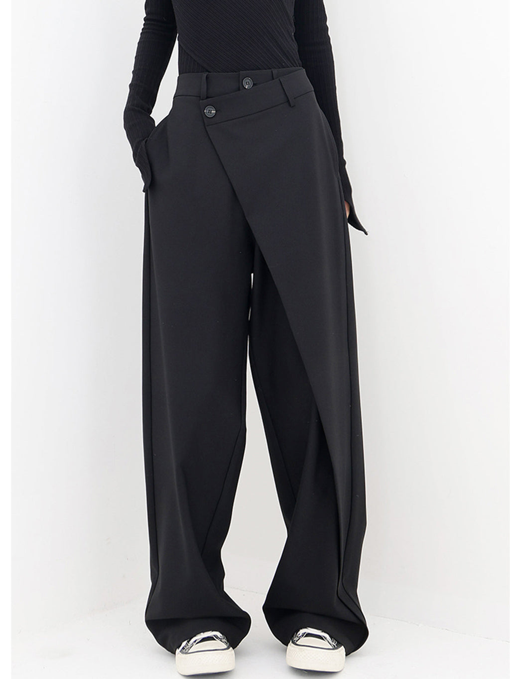 Pantalón de Vestir Ancho Asimétrico con Capas y Botones