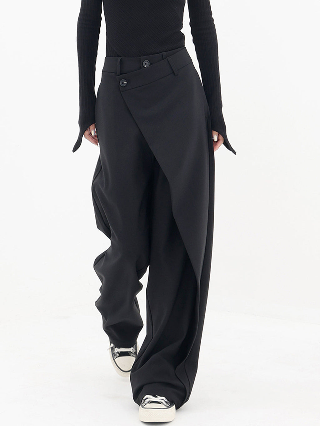 Pantalón de Vestir Ancho Asimétrico con Capas y Botones