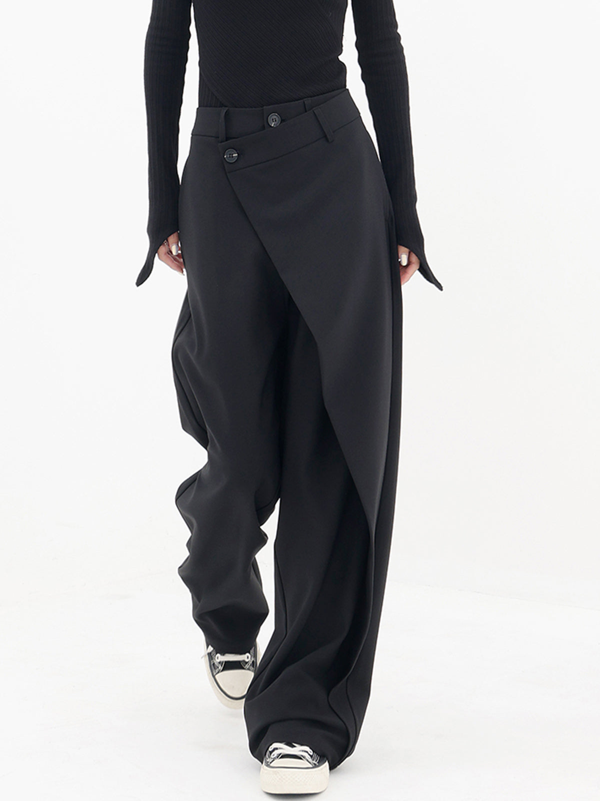Pantalón de Vestir Ancho Asimétrico con Capas y Botones