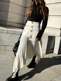 Falda Midi Plisada Asimétrica con Botones y Patchwork