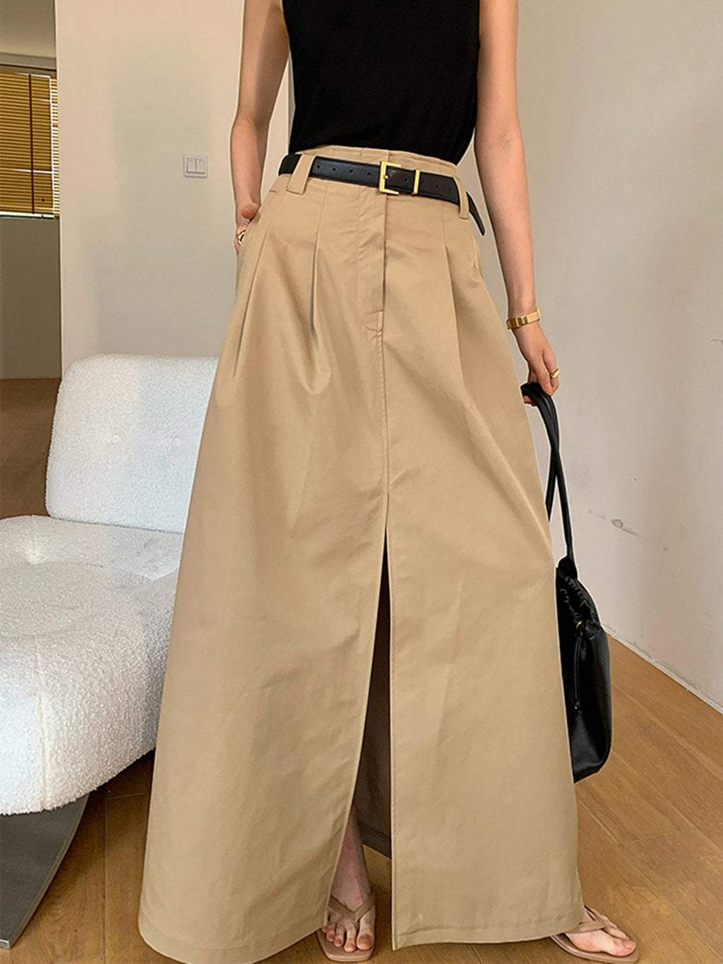 Falda Maxi Oversize de Algodón con Abertura Sin Cinturón