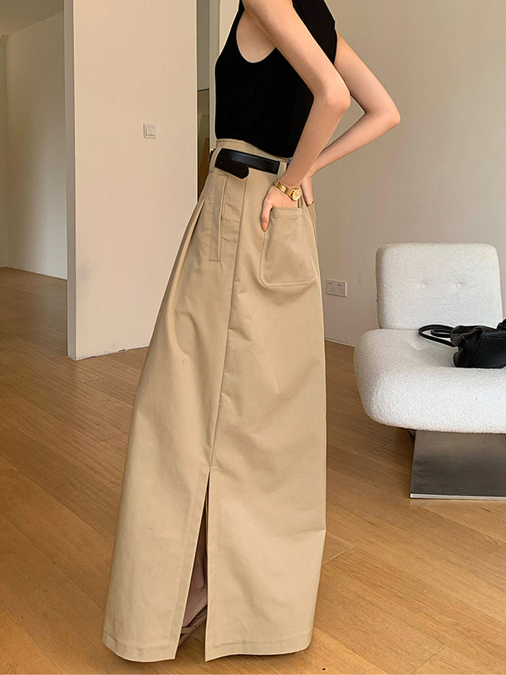 Falda Maxi Oversize de Algodón con Abertura Sin Cinturón