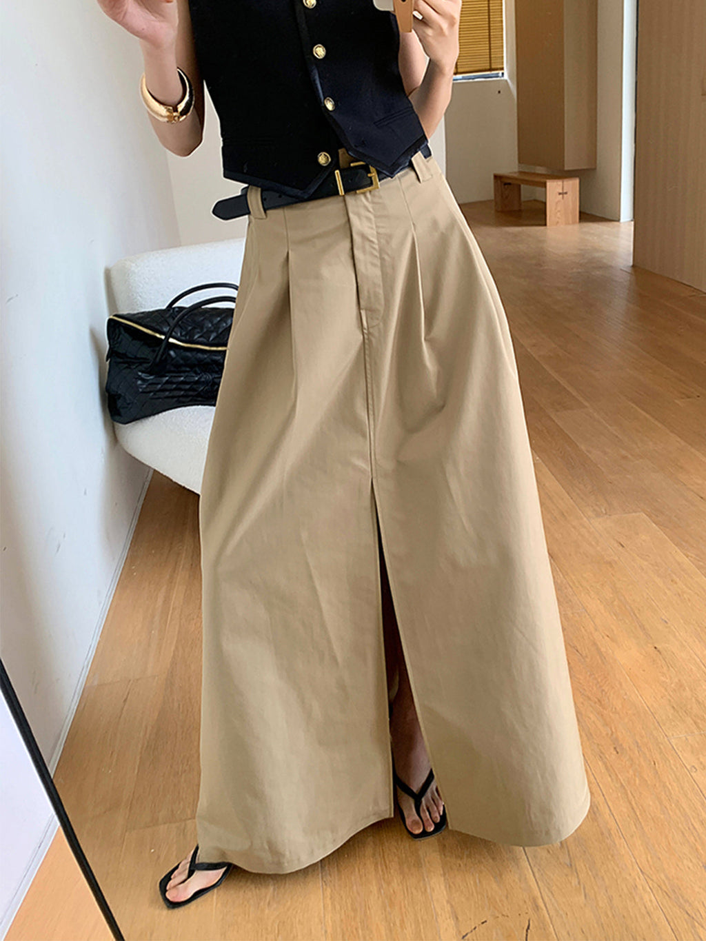 Falda Maxi Oversize de Algodón con Abertura Sin Cinturón
