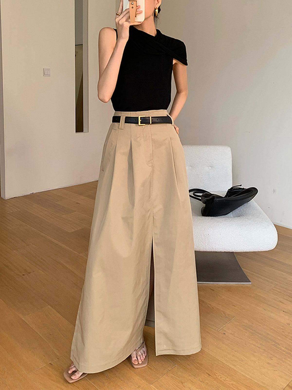 Falda Maxi Oversize de Algodón con Abertura Sin Cinturón
