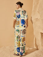 Conjunto de Pantalón Oversize de Satén con Solapa Estampado Grafiti