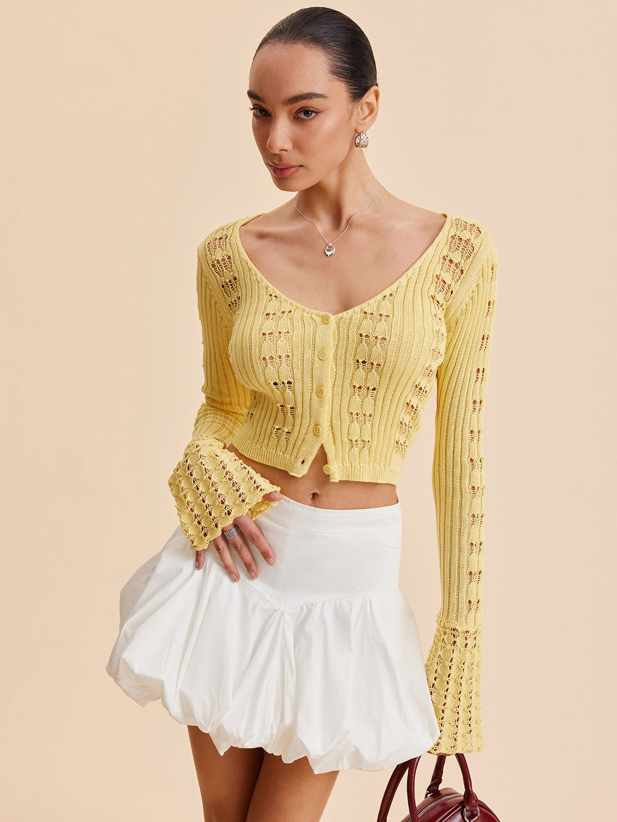 Bell Sleeve Crochet Knit Cardigan