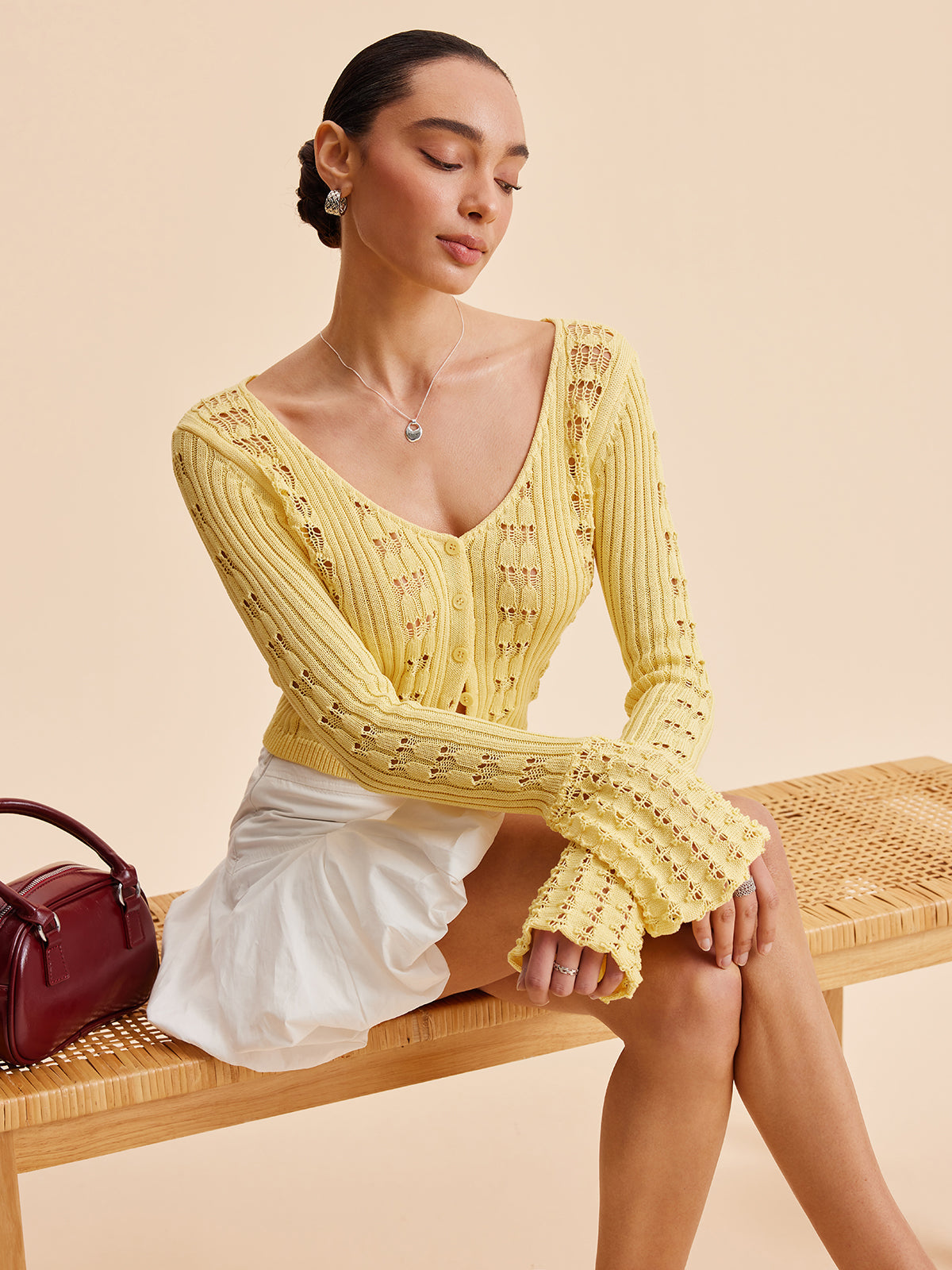Bell Sleeve Crochet Knit Cardigan