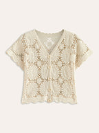 Crochet Floral Button-Front Cardigan