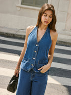 Denim Back Tie Halter Vest