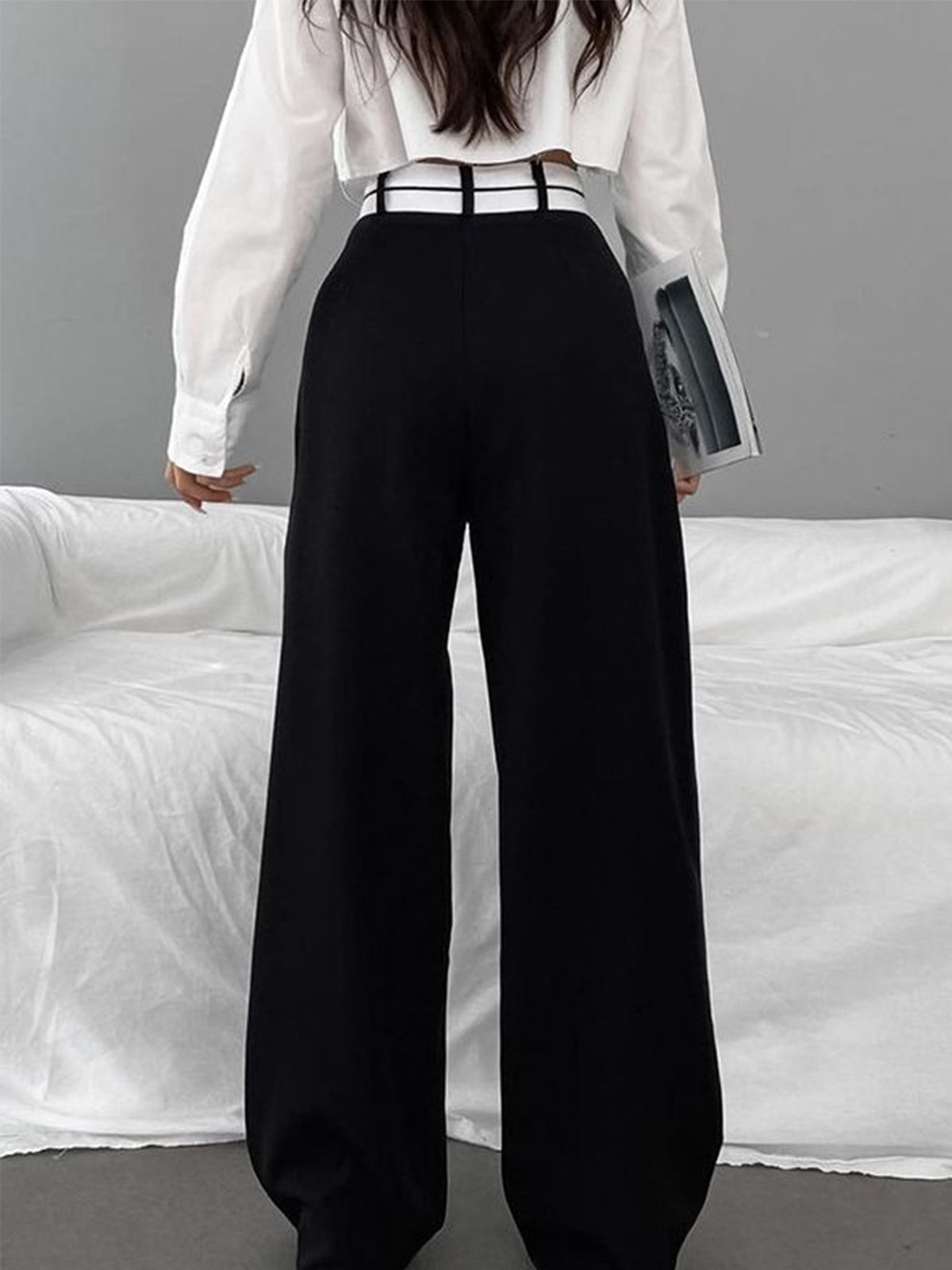 Pantalón de Vestir Ancho Asimétrico con Cinturilla de Contraste