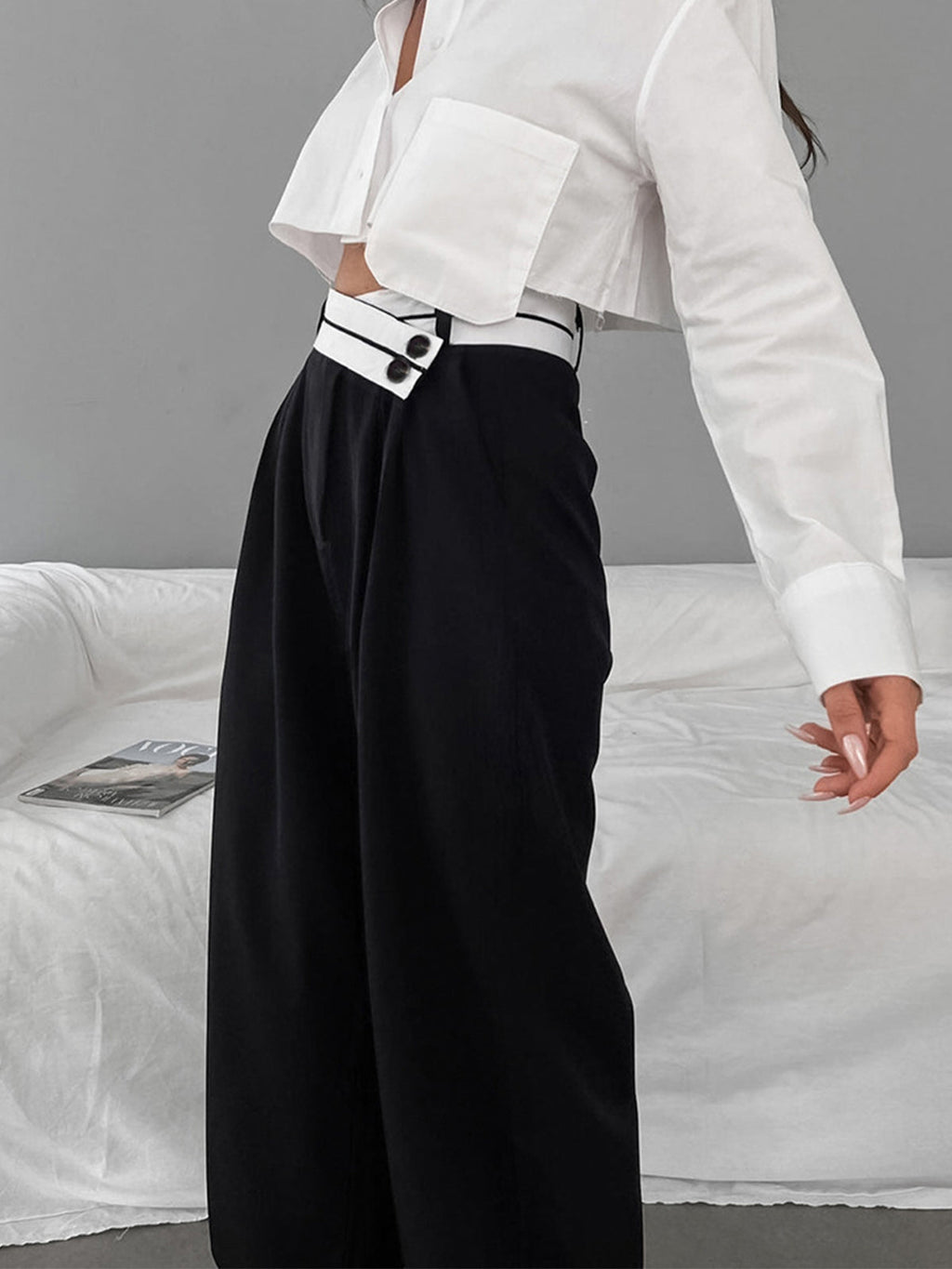 Pantalón de Vestir Ancho Asimétrico con Cinturilla de Contraste