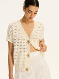 Eyelet Knit Metal Button V-Neck Cardigan