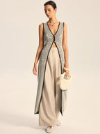 Floral Contrast Trim Knit Maxi Vest