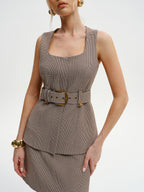 Belted Houndstooth Square-Neck Vest