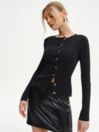 Metal Button Ribbed Knit Cardigan