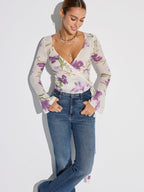 Floral Print Wrap Tie Knit Top