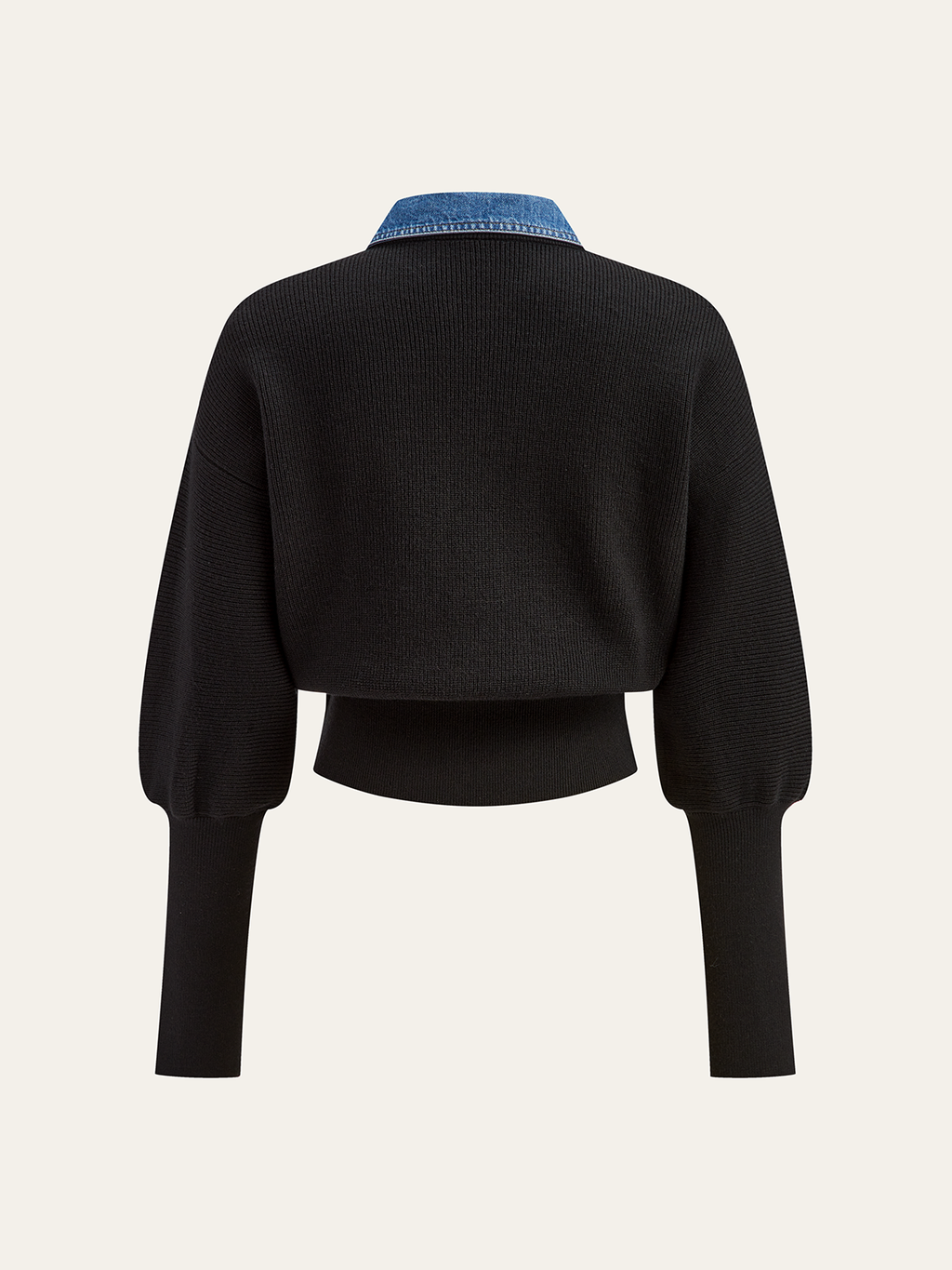 Wool Blend Denim Collar Puff Sleeve Cardigan