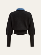 Wool Blend Denim Collar Puff Sleeve Cardigan