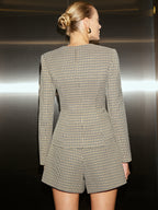 Houndstooth Sweetheart Neckline Button Blazer