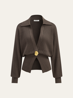 Oversized Ribbed Collared Metal Button Cardigan