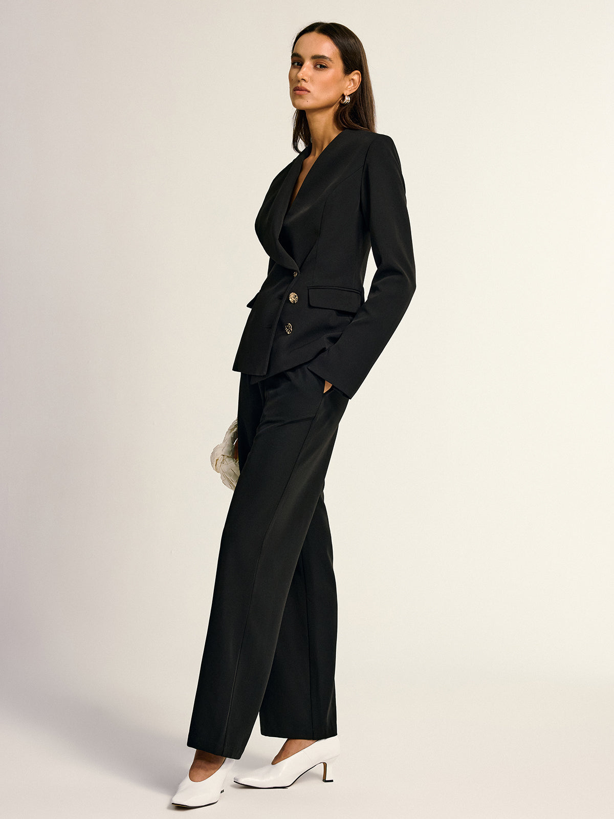 Metal Button Shawl Collar Blazer