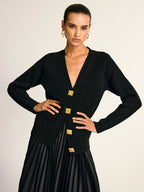 Metal Button V-Neck Wool Blend Cardigan