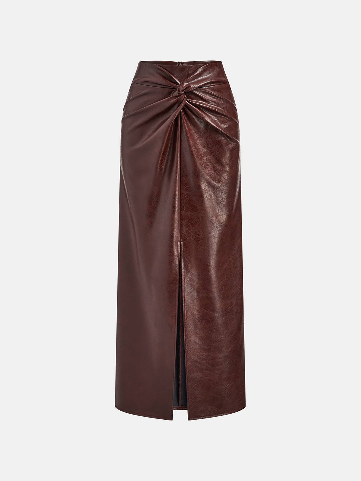 Falda Midi de Piel Sintética con Abertura y Detalle de Nudo