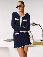 Contrast Scalloped Trim Metal Button Cardigan