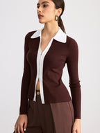 Contrast Collar Wool Blend Zip-Up Cardigan