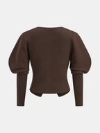 Leg-Of-Mutton Sleeve Heart-Button Wool Blend Cardigan