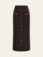 Metal Button Collared Cardigan and Midi Skirt Set