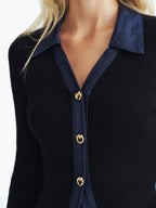 Denim Panel Ribbed Knit Cardigan