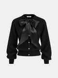 Bow Detail Metal Button Knit Cardigan