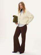 Wool Blend Cable Knit V-Neck Button Cardigan