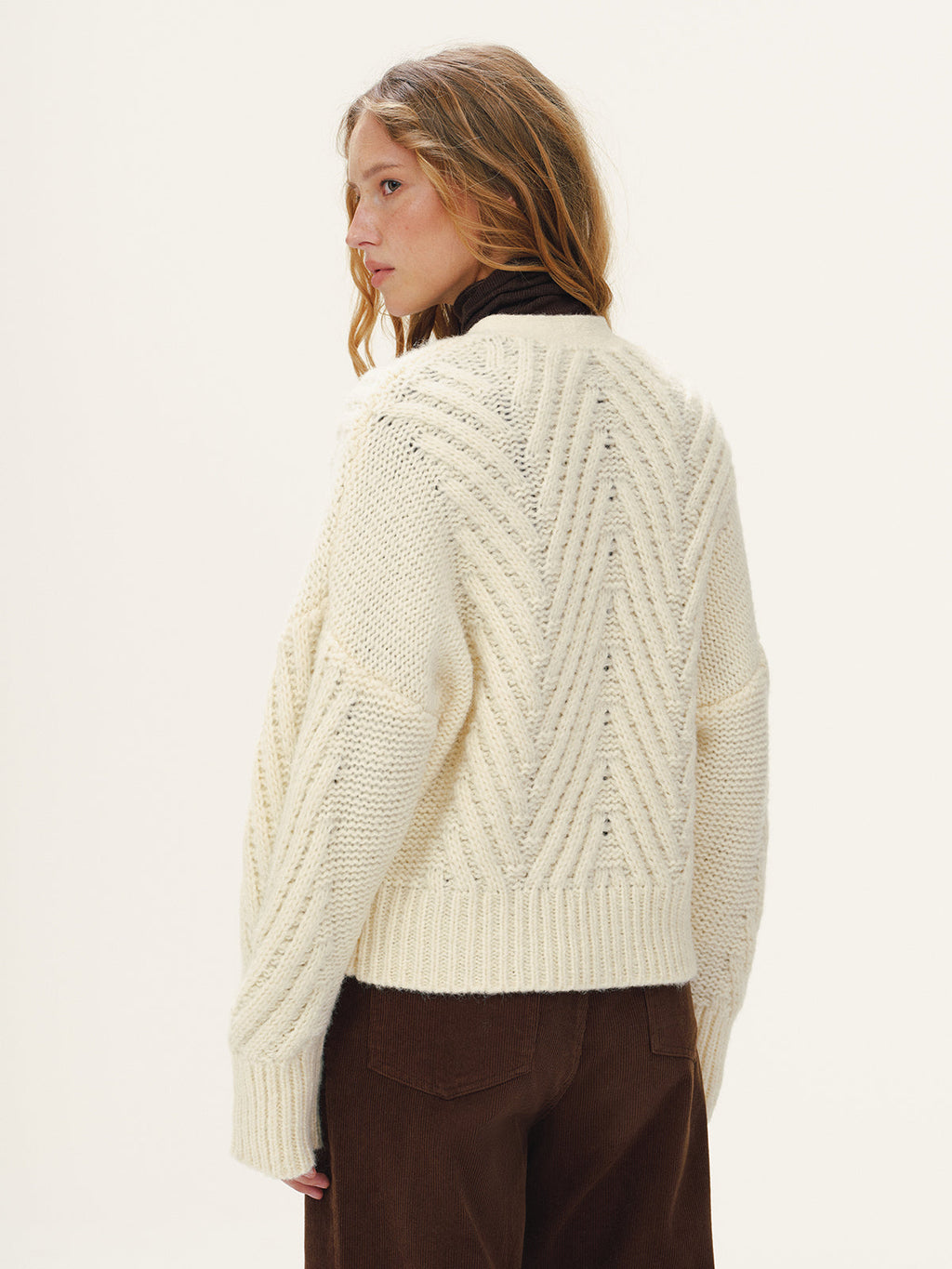 Wool Blend Cable Knit V-Neck Button Cardigan