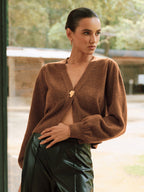 Metal Button V-Neck Knit Cardigan