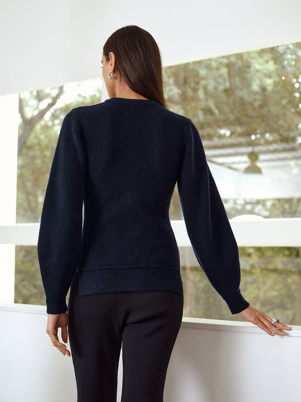 Button-Front Crew Neck Ribbed Knit Cardigan